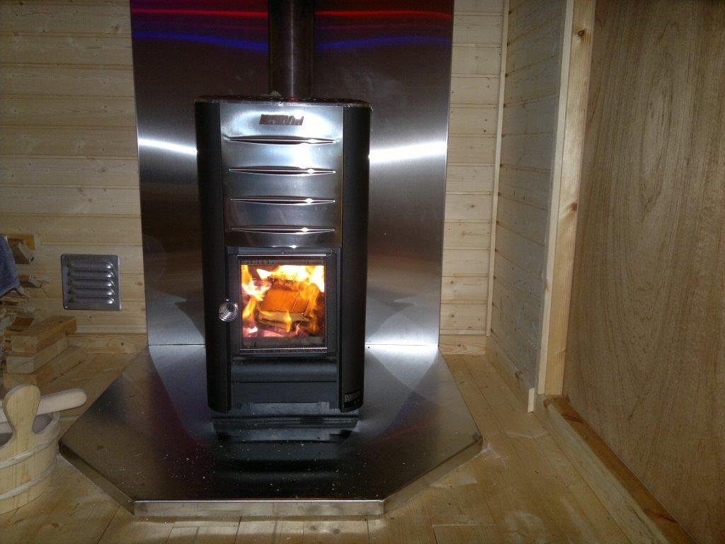 The sauna oven, a Harvia is on, the sauna is in use